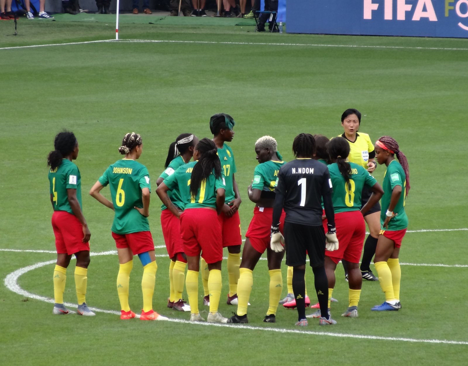 Les joueuses du Cameroun, en vert, rouge et jaune, rassemblées sur la pelouse autour de l'arbitre