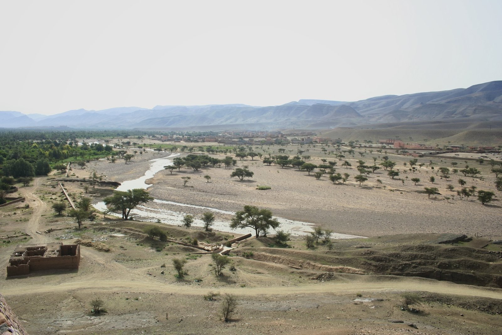 La vallée aride du Drâa vue d'en haut, avec quelques arbres et un lit de rivière presque à sec